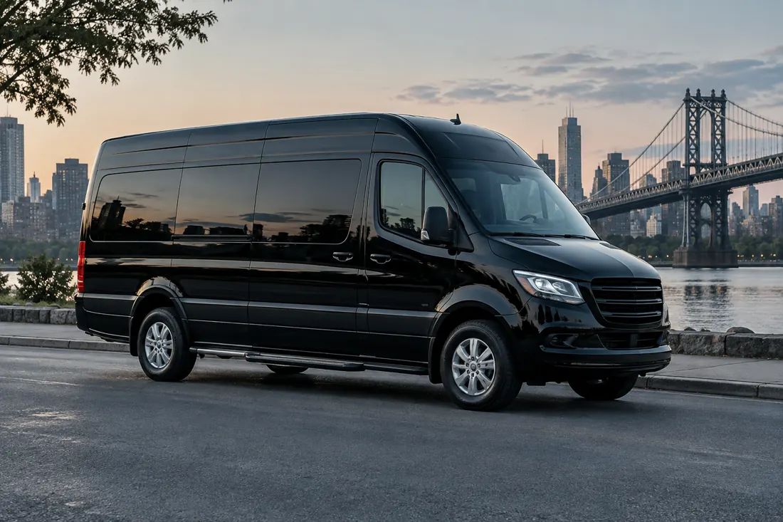Illustrative unbranded black sprinter executive van